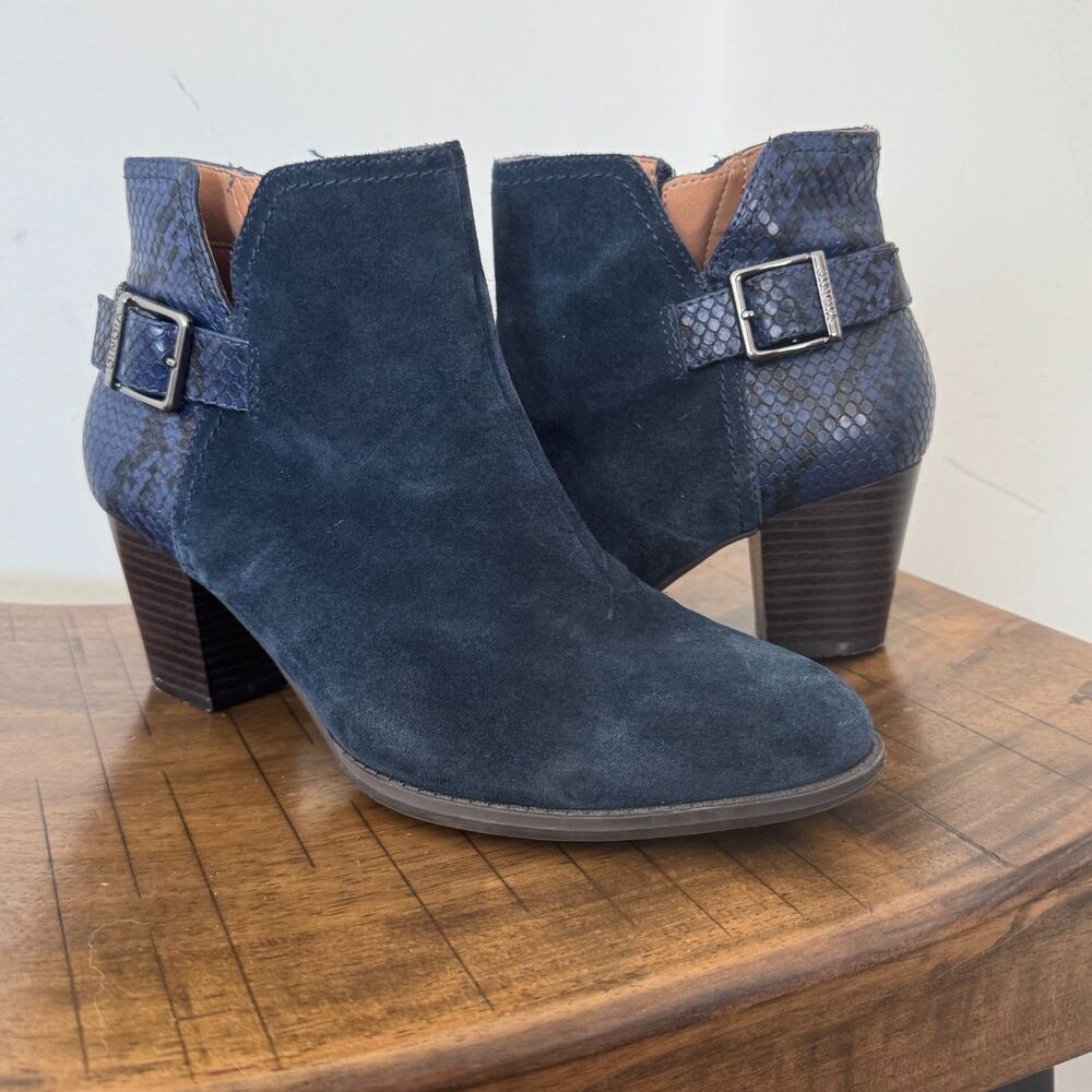 Vionic Navy Suede Ankle Boots Womens 9.5 Snake Print Block Heel Comfort
